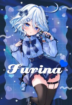 Rule 34 | 1girl, :o, ahoge, alternate costume, black nails, blue eyes, blue gem, blue hair, blue shirt, blue skirt, blush, choker, collared shirt, commentary request, drop-shaped pupils, frilled shirt, frills, furina (genshin impact), gem, genshin impact, heart, heart o-ring, high-waist skirt, highres, holding, holding phone, ineka ka, jirai kei, long sleeves, multicolored hair, o-ring, o-ring thigh strap, phone, shirt, skirt, solo, streaked hair, suspender skirt, suspenders, symbol-shaped pupils, thigh strap, thighhighs, white hair