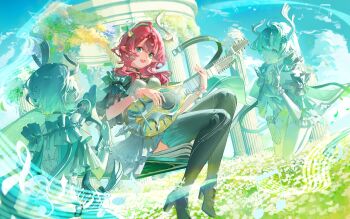 1girl absurdres beamed_eighth_notes boots breasts ciaccona_(wuthering_waves) commentary day dress green_eyes green_jacket green_sky high_heel_boots high_heels highres holding holding_instrument horns instrument jacket looking_at_viewer medium_breasts medium_hair multiple_persona musical_note open_mouth outdoors pointy_ears red_hair sitting sky smile solo thigh_boots tree_horns white_dress wuthering_waves yukoama