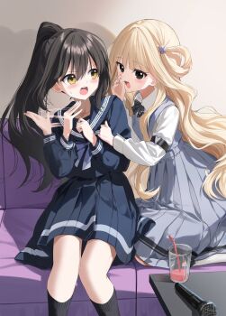 Rule 34 | 2girls, black hair, blonde hair, blush, brown eyes, collared shirt, commentary request, couch, cup, dress, drinking glass, drinking straw, hair between eyes, highres, karaoke, long hair, long sleeves, multiple girls, on couch, original, pentagon (railgun ky1206), pleated dress, pleated skirt, ponytail, puffy long sleeves, puffy sleeves, school uniform, serafuku, shirt, sitting, skirt, socks, very long hair, white shirt
