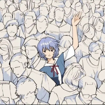 1girl arm_at_side arm_up artist_request ayanami_rei blue_hair blue_skirt breasts closed_mouth collared_shirt crowd crowded dress_shirt evangelion:_3.0+1.0_thrice_upon_a_time light_smile looking_at_viewer neck_ribbon neon_genesis_evangelion non-web_source official_art partially_colored people promotional_art rebuild_of_evangelion red_eyes red_ribbon ribbon school_uniform shirt short_sleeves skirt small_breasts smile solo_focus standing suspender_skirt suspenders tokyo-3_middle_school_uniform upper_body waving white_shirt wind