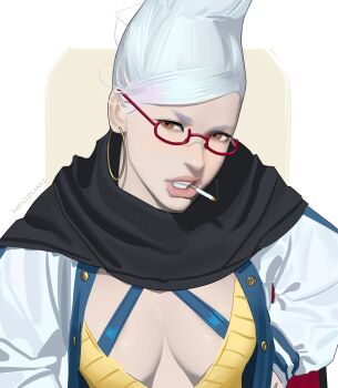 1girl ayase_seiko beehive_hairdo breasts brown_eyes cigarette cleavage dandadan earrings glasses highres jacket jewelry large_breasts neozumi old old_woman open_clothes open_jacket solo tall_hair white_hair