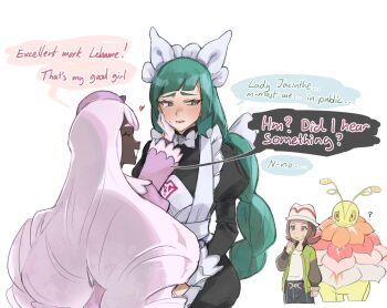 3girls ? antennae apron belt black_romper blue_pants blunt_bangs blush bow bowtie braid braided_ponytail breasts brown_belt brown_eyes brown_hair closed_eyes closed_mouth colored_skin commentary dark-skinned_female dark_skin dress english_commentary english_text fascinator flower gen_2_pokemon glove_bow gloves green_hair green_jacket green_skin hair_ornament hand_on_another&#039;s_cheek hand_on_another&#039;s_face harmony_(pokemon) hat jacinthe_(pokemon) jacket juliet_sleeves lebanne_(pokemon) long_braid long_hair long_neck long_sleeves low_drills maid maid_apron maid_headdress master_and_servant mega_meganium mega_pokemon mega_ring mega_stone meganium multiple_girls nintendo open_clothes open_jacket open_mouth pants parted_lips pokemon pokemon_(creature) pokemon_legends:_z-a puffy_sleeves purple_dress purple_hair romper sauropod shirt short_hair smile speech_bubble striped_hat sweat tencryingemojis tsurime very_dark_skin white_bow white_bowtie white_gloves white_hat white_shirt yellow_eyes