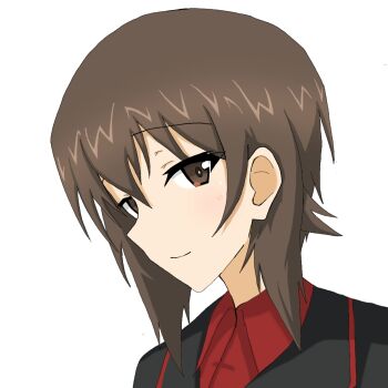 Rule 34 | 1girl, black jacket, blush, closed mouth, commentary request, eyes visible through hair, girls und panzer, hair between eyes, highres, jacket, kuromorimine military uniform, looking at viewer, military, military jacket, military uniform, nishizumi maho, red shirt, shirt, simple background, smile, solo, thor gdgd, white background
