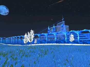 building castle grass marble_phantasm millennium_castle_(tsukihime) moon night night_sky no_humans shooting_star sky star_(sky) vrchat