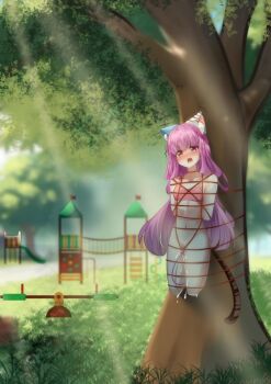 1girl :o akemithekitten animal_ears arms_behind_back bdsm blurry blurry_background blush bondage bound bra breasts egg_vibrator female_focus forced_orgasm grass heterochromia highres humiliation legs_folded loli long_hair navel nekomata open_mouth park playground public_bondage public_indecency public_nudity public_use public_vibrator punishment purple_hair pussy_juice sex_toy small_breasts solo stomach striped_ear striped_tail suspension tail tongue training_bra tree underwear vibrator