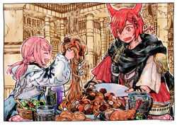 Rule 34 | 1boy, 1girl, :d, animal ears, border, braid, cat ears, chicken (food), commentary request, cup, dated, final fantasy, final fantasy xiv, food, fried chicken, g&#039;raha tia, hair ornament, hairclip, holding, holding plate, itowo (itowc), lalafell, meatball, miqo&#039;te, mug, open mouth, pasta, pink hair, plate, red eyes, red hair, salad, smile, spaghetti, spaghetti and meatballs, warrior of light (ff14), white border, wide-eyed, x hair ornament
