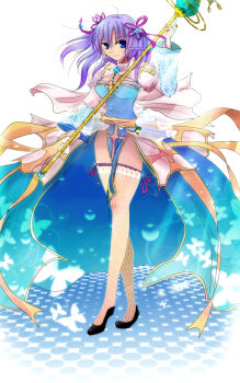 Rule 34 | 1girl, arch bishop (ragnarok online), black shoes, blue dress, blue eyes, breasts, bug, butterfly, cleavage cutout, closed mouth, clothing cutout, commentary request, cross, dress, fishnet thighhighs, fishnets, full body, hair ribbon, highres, holding, holding staff, insect, juliet sleeves, long hair, long sleeves, looking at viewer, medium breasts, pelvic curtain, pink ribbon, puffy sleeves, purple hair, ragnarok online, ribbon, sash, shoes, silky emonyw, smile, solo, staff, standing, thighhighs, two-tone dress, white background, white butterfly, white dress, white thighhighs, yellow sash