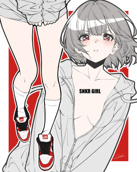 1girl :i bambi_surprise blush breasts closed_mouth commentary covering_crotch covering_privates english_commentary grey_hair grey_jacket highres hood hood_down hooded_jacket jacket jacket_tug looking_at_viewer multicolored_shoes nike_(company) no_bra open_clothes original partially_open_jacket pout red_eyes red_shoes shoes short_hair signature sneakers socks solo symbol_in_eye two-tone_shoes white_shoes white_socks