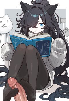 ... 1girl animal_ears axe_cat_(nyanko_daisensou) black_hair black_pantyhose blue_eyes book cat_ears cat_girl closed_mouth commentary dark_kasli_(nyanko_daisensou) ebora english_commentary feet flipped_hair footjob gross_cat_(nyanko_daisensou) hair_over_one_eye highres kasli_(nyanko_daisensou) knees_up legs long_hair long_sleeves loss_(meme) meme no_shoes nyanko_daisensou one_eye_covered open_book pantyhose penis sitting sleeves_past_fingers sleeves_past_wrists soles solo sweater toe_seam toes uncensored very_long_hair white_sweater