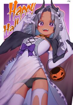 1girl black_panties cloak commentary_request dark-skinned_female dark_skin dress elbow_gloves fangs flat_chest gloggy gloves grey_hair halloween halloween_costume happy_halloween highres horns kikyou_(gloggy) long_hair looking_at_viewer original panties smile solo thighhighs underwear v