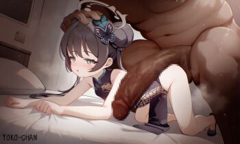 1boy 1girl all_fours ass bare_hips bare_legs bare_shoulders bed bed_sheet black_hair black_shoes blue_archive blue_eyes blush censored china_dress chinese_clothes dark-skinned_male dark_skin double_bun dress embarrassed expressionless eyebrows_hidden_by_hair eyelashes fat fat_man flat_chest full_body grey_halo hair_bun halo hand_on_another's_head hetero huge_penis imminent_rape implied_sex indoors interracial kisaki_(blue_archive) large_variant_set loli long_hair looking_at_penis looking_to_the_side mosaic_censoring on_bed open_mouth pelvic_curtain penis scared sheet_grab shoes sleeveless sleeveless_dress solo_focus tears testicles twintails variant_set very_dark_skin yoko-chan_(mijizukeyoko)