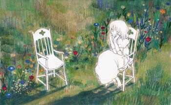 abstract barefoot chair detached_sleeves dress flower garden gloves grass highres original ponytail shadow wooden_chair zoora