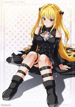 Rule 34 | 1girl, artist name, belt, black boots, black dress, black sleeves, blonde hair, blush, boots, breasts, cleavage cutout, clothing cutout, commentary request, detached sleeves, dress, full body, hair flowing over, hair intakes, hair ornament, highres, knees together feet apart, knees up, konjiki no yami, long hair, multiple belts, pout, puchikun, red eyes, sitting, sleeveless, sleeveless dress, small breasts, solo, star cutout, thigh strap, to love-ru, two side up, very long hair