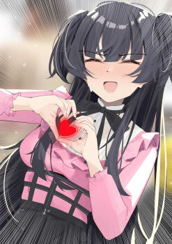 1girl bilingual_commentary black_hair black_ribbon blush breasts closed_eyes commentary english_commentary frilled_shirt frills heart heart_hands heart_in_heart_hands highres idolmaster idolmaster_shiny_colors kebohan long_hair long_sleeves mayuzumi_fuyuko medium_breasts mixed-language_commentary neck_ribbon open_mouth pink_shirt ribbon shirt solo sweatdrop two_side_up upper_body