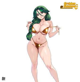 1girl absurdres artist_name bikini bikini_pull braid breasts cheryl_(pokemon) cleavage closed_mouth clothes_pull commentary feet_out_of_frame gold_bikini green_eyes green_hair hair_over_shoulder hands_up highres kyoffie large_breasts legs long_hair navel nintendo pokemon pokemon_dppt pulling_own_clothes simple_background single_braid smile solo standing swimsuit teasing thick_thighs thighs watermark web_address white_background