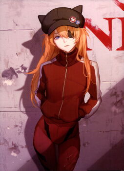 Rule 34 | 1girl, absurdres, ask (askzy), baseball cap, blue eyes, closed mouth, hat, highres, jacket, long hair, neon genesis evangelion, orange hair, red jacket, souryuu asuka langley, standing