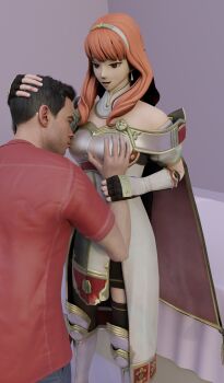 1boy 1girl 3d absurdres armor bed bedroom boobplate breastplate breasts cape celica_(fire_emblem) commission earrings fingerless_gloves fire_emblem fire_emblem_echoes:_shadows_of_valentia gloves grabbing_another&#039;s_breast groping groping_breast hairband hetero highres jewelry kiss kissing_breast medium_breasts medium_hair nintendo open_mouth red_eyes red_hair skirt smile thighhighs