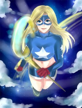 1girl blonde_hair blue_eyes courtney_whitmore dc_comics female_focus flying gloves grin justice_society_of_america mask shorts smile solo staff stargirl