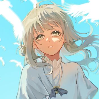 Rule 34 | 1girl, aged down, bird, black bow, black bowtie, blue sky, bow, bowtie, chinese commentary, commentary request, dress, facing viewer, floating hair, grey eyes, grey hair, guihuahua (guifafa833), hair bun, highres, looking up, medium hair, parted lips, reverse:1999, single side bun, sky, solo, upper body, vertin (reverse:1999), white bird, white dress