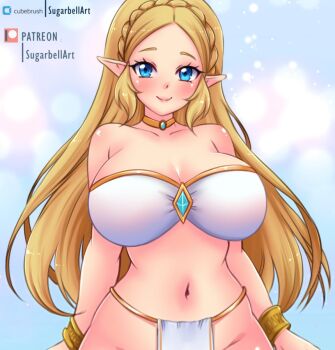 1girl blonde_hair blue_background blue_eyes blue_gemstone blush bracelet braid breasts bubble_background choker cleavage collarbone crown_braid dancer gem harem_outfit jewelry large_breasts long_hair looking_at_viewer midriff navel nintendo pelvic_curtain pointy_ears princess_zelda shirt smile standing strapless sugarbell the_legend_of_zelda tube_top white_shirt