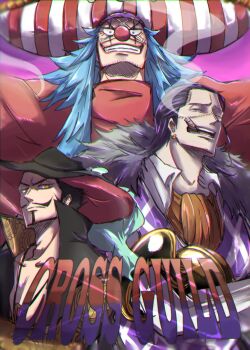 3boys absurdres ascot beard black_hair blue_hair buggy_the_clown cigar commentary crocodile_(one_piece) curiyakiimo dracule_mihawk facial_hair hair_slicked_back hat highres hook_hand looking_at_viewer makeup male_focus multiple_boys mustache one_piece orange_ascot red_nose smile stitched_face stitches yellow_eyes