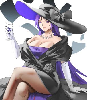 absurdres black_bow bow breasts cleavage commentary cup dress drinking_glass elbow_gloves fate/grand_order fate_(series) flower gloves hat highres holding holding_cup jewelry large_hat lipstick long_hair makeup minamoto_no_raikou_(fate) necklace notgustiarp pearl_necklace purple_dress purple_eyes purple_hair sitting sun_hat thighs white_gloves wine_glass
