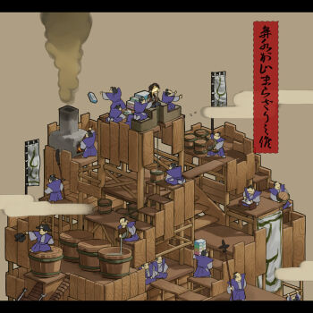 6+boys banner barrel castle egasumi fever fire gregorius_yamada guards hat isometric japanese_clothes letterboxed male_focus medieval multiple_boys nobori original pirate_hat servant sitting smoke snot tissue tissue_box translation_request what