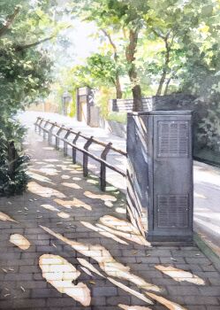 brick_floor bush day highres kazuyuki_hashimoto no_humans original outdoors painting_(medium) path plant railing road scenery shadow sunlight traditional_media tree