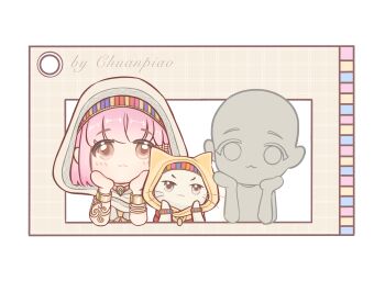 2girls :3 animal artist_name beads bracelet brown_eyes cape cat chibi chinese_commentary choker chunpiao cloak closed_mouth clothed_animal commentary_request ear_covers gold_bracelet gold_choker hair_beads hair_ornament hands_on_own_cheeks hands_on_own_face highres hood hood_up hooded_cloak infinity_nikki jewelry light_blush momo_(nikki) multicolored_headband multiple_bracelets multiple_girls nikki_(nikki) nikki_(series) official_alternate_costume pink_hair procreate_(medium) red_cape short_hair smile straight-on tareme ticket upper_body viewer_self-insert white_background white_cat white_cloak yellow_cloak