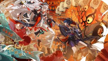 Rule 34 | 1boy, 1girl, arm up, armor, artist request, black bodysuit, black boots, black bow, black gloves, black hair, black kimono, black mask, black shorts, black sleeves, blue eyes, blunt ends, bodysuit, boots, bow, character name, closed mouth, commentary request, commission, commissioner insert, couple, creature request, dated, demon parade, eyeball, eyelashes, fish, floral print, floral print kimono, frilled sleeves, frills, furisode, genshin impact, gloves, gold, gold trim, green ribbon, hair bow, hand up, happy birthday, hat, hayami momo (hayamimomo), hetero, highres, japanese armor, japanese clothes, jewelry, jingasa, juban, kimono, kote, kurokote, lace-trimmed bow, lace trim, lantern, layered kimono, layered shorts, layered sleeves, long hair, looking at another, mask on hat, mitsudomoe (shape), multiple torii, neck ring, o-ring, oc x canon, oil-paper umbrella, open clothes, open hands, open kimono, original, outdoors, paper lantern, parted lips, pearl hair ornament, pink eyes, print kimono, purple rope, purple sash, purple shorts, purple sleeves, reaching, reaching towards another, red eyes, red hat, red kimono, red ribbon, red sash, ribbon, rope, sash, scaramouche (genshin impact), second-party source, shimenawa, shorts, tomoe (symbol), torii, traditional youkai, umbrella, very long hair, white hair, white kimono, white mouth, white rope, white sleeves, white umbrella