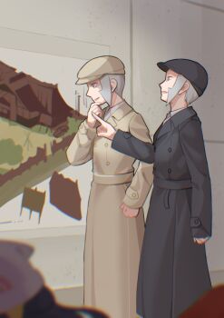 1girl 2boys akari_(pokemon) black_coat black_hair black_hat brothers brown_coat coat emmet_(pokemon) grey_eyes grey_hair hat headscarf indoors ingo_(pokemon) long_sleeves male_focus mizuiro123 multiple_boys museum nintendo pokemon pokemon_legends:_arceus pokemon_legends:_z-a shirt short_hair siblings trench_coat twins white_headscarf