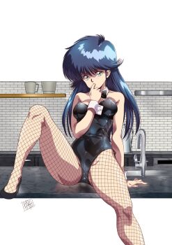 1girl ayukawa_madoka bare_shoulders black_bow black_bowtie black_hair black_leotard black_pantyhose black_shoes blue_eyes bow bowtie breasts detached_sleeves finger_to_mouth fishnet_pantyhose fishnets highres kabashima_yousuke kimagure_orange_road knee_up legs leotard long_hair pantyhose shoes solo spread_legs strapless strapless_leotard thighs wrist_cuffs