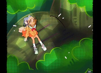 2girls bourbunbun brooch brown_eyes brown_hair commentary derivative_work english_commentary from_above futari_wa_precure_splash_star hair_ornament half_updo halftone highres hyuuga_saki jewelry long_hair magical_girl mishou_mai multiple_girls orange_hair plant ponytail precure purple_eyes purple_hair school_uniform screenshot_redraw short_hair skirt smile tree yuunagi_middle_school_uniform