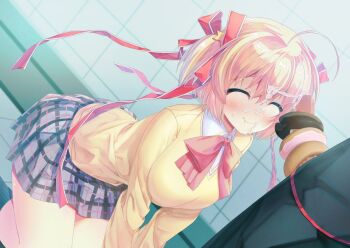 1boy 1girl absurdres after_fellatio ahoge black_socks blonde_hair bow cardigan censored closed_eyes cum cum_on_body cum_on_hair donut donut_on_penis facial food food_on_body food_on_penis hair_ornament hair_ribbon highres kamikita_komari kneeling little_busters! mosaic_censoring natsuoto_rito open_mouth penis plaid_clothes plaid_skirt red_bow ribbon school_uniform short_hair skirt smile socks star_(symbol) star_hair_ornament