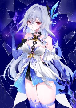 1girl :&lt; absurdres anone2259 bare_shoulders black_shorts breasts collarbone dress genshin_impact glass_shards grey_hair hair_ornament hand_up hashtag-only_commentary highres holding holding_sword holding_weapon long_hair medium_breasts object_floating_above_hand purple_background purple_hands purple_thighhighs red_eyes short_shorts shorts skirk_(genshin_impact) solo sword thighhighs thighs weapon white_dress