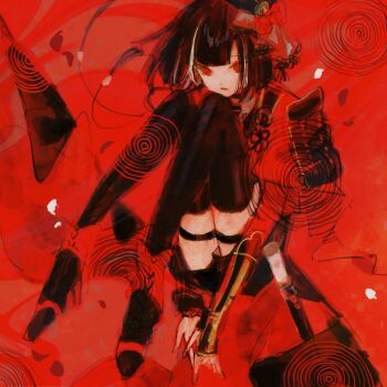 1boy @_@ androgynous armor black_footwear black_hair black_hat blunt_bangs bow closed_mouth expressionless eznwms57 flower full_body hair_flower hair_ornament hat highres jacket japanese_armor kote kyogoku_masamune long_sleeves looking_at_viewer male_focus multicolored_hair red_background red_bow red_eyes red_jacket short_hair short_sword shorts shoulder_armor single_sode sitting sode solo streaked_hair sword tantou thigh_strap thighhighs touken_ranbu weapon white_hair