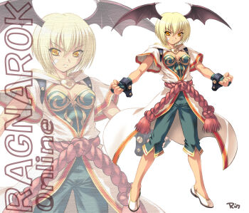Rule 34 | 1girl, 2000s (style), blonde hair, breasts, brown wings, clenched hands, closed mouth, coat, commentary request, copyright name, demon wings, frown, full body, green shirt, green shorts, head wings, looking at viewer, medium breasts, monk (ragnarok online), ngo (ngo dandelion), open clothes, open coat, ragnarok online, rope belt, shirt, shoes, short sleeves, shorts, simple background, solo, standing, v-shaped eyebrows, white background, white coat, white shoes, wings, yellow eyes, zoom layer