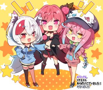 Rule 34 | 3girls, :d, artist name, black boots, black skirt, black thighhighs, blue shirt, blush, boots, breasts, character request, chibi, chibi only, cleavage, commentary request, commission, crop top, crossed bangs, detached sleeves, double-parted bangs, full body, hair between eyes, hat, headphones, headphones around neck, highres, indie virtual youtuber, jacket, long hair, long sleeves, looking at viewer, milkpanda, multiple girls, notice lines, open mouth, pink eyes, pink hair, pink jacket, red shoes, shirt, shoes, single thighhigh, skeb commission, skirt, smile, standing, star (symbol), star symbol background, thick eyebrows, thigh strap, thighhighs, virtual youtuber, white hair, white hat, yellow background, yellow eyes, yui nano