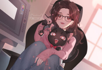 1girl :d absurdres animal animal_on_lap arm_on_knee artist_glove artist_name artist_self-insert black-framed_eyewear black_cat black_gloves bright_pupils brown_eyes brown_hair cat cat_on_lap chair clothed_animal commentary drawing_tablet earrings english_commentary eyes_visible_through_hair feet_out_of_frame forehead glasses gloves grey_pants hair_behind_ear hair_ornament hand_on_own_leg hand_up heart heart_earrings heart_hair_ornament heart_print highres holding holding_stylus indoors jewelry knees_up long_hair long_sleeves looking_at_viewer mole mole_under_mouth on_chair on_lap open_hand open_mouth original pants parted_hair pink_lips pink_nails pink_ribbon pink_shirt pinkishcats red_eyes ribbon shirt sidelighting signature single_glove sitting sleeve_ribbon sleeves_past_wrists smile solo star-shaped_pupils star_(symbol) stylus symbol-shaped_pupils teeth upper_teeth_only white_pupils window x_hair_ornament