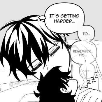 areuwuu character_doll closed_eyes commentary doll english_commentary english_text greyscale hair_between_eyes head_on_pillow highres kim_dokja monochrome oldest_dream omniscient_reader&#039;s_viewpoint pillow short_hair speech_bubble thought_bubble under_covers zzz