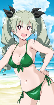 1girl anchovy_(girls_und_panzer) artist_request beach bikini breasts brown_eyes cleavage curvy day girls_und_panzer green_bikini green_hair highres long_hair looking_at_viewer medium_breasts navel open_mouth side-tie_bikini_bottom sky solo standing swimsuit thong thong_bikini twintails wide_hips
