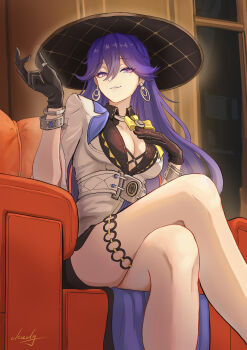 Rule 34 | 1girl, absurdres, black gloves, black hat, breasts, chucky (chucky1000sun), cleavage, collarbone, commentary request, crossed legs, earrings, feet out of frame, gloves, hair between eyes, hand up, hat, highres, hoop earrings, indoors, jacket, jewelry, large breasts, long hair, looking at viewer, lucilla (wuthering waves), mole, mole under eye, parted lips, purple eyes, purple hair, signature, sitting, smile, solo, white jacket, wuthering waves