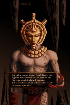 1boy armband belt black_belt bydogalaxy claws colored_sclera colored_skin commentary cowboy_shot dagoth_ur dagoth_ur's_mask dialogue_box dunmer english_commentary english_text facing_viewer fingernails gold_necklace grey_skin highres jewelry long_fingernails male_focus mask necklace red_armband red_eyes red_loincloth red_sclera the_elder_scrolls the_elder_scrolls_iii:_morrowind third_eye topless_male