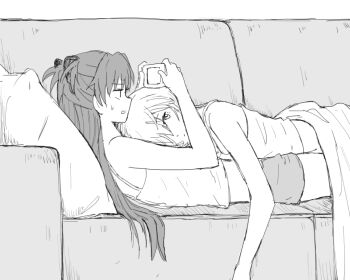 2girls ayanami_rei camisole couch greyscale head_on_chest long_hair lying_on_person monochrome multiple_girls mutsu_(layergreen) neon_genesis_evangelion on_couch parted_lips short_hair shorts souryuu_asuka_langley sweat under_covers yuri