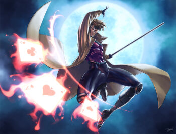 10s 1boy abs arm_up artist_name bad_id bad_nicoseiga_id blue_moon bodysuit boots brown_coat brown_hair card coat facial_hair full_moon gambit gloves glowing holding knee_boots long_sleeves looking_at_viewer male_focus marvel moon muscular night red_eyes rokuro_(ryvius) short_hair signature sky smile solo staff stubble trench_coat x-men