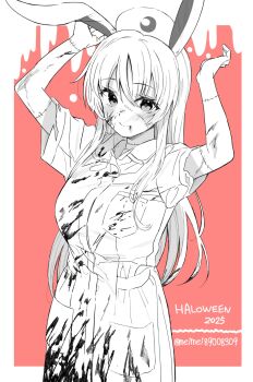 1girl animal_ears arms_up blood blood_on_clothes blood_on_face blood_on_hands commentary_request dress hair_between_eyes halloween halloween_costume hat highres long_hair meimei_(meimei89008309) monochrome nurse nurse_cap partially_colored rabbit_ears rabbit_girl reisen_udongein_inaba short_sleeves smile solo touhou twitter_username