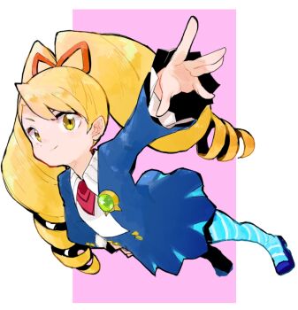 1girl blonde_hair blue_dress blue_pantyhose bow dress drill_hair green_eyes hair_bow hand_on_own_hip jamir long_hair luna_platz_(mega_man) mega_man_(series) mega_man_star_force_(series) pantyhose red_bow striped_clothes striped_pantyhose twin_drills very_long_hair