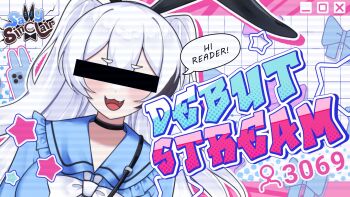 1girl animal_ears black_choker black_streaks blue_shirt breasts censored censored_identity character_name choker commentary double-parted_bangs english_commentary english_text facing_viewer fake_animal_ears highres indie_virtual_youtuber long_hair multicolored_hair open_mouth rabbit_ears sally_sinclair second-party_source shirt single_hair_streak smile solo speech_bubble star_(symbol) streaked_hair virtual_youtuber white_hair yuma_yukino