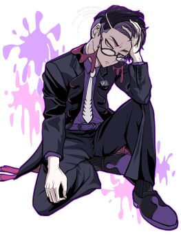 1boy absurdres black_hair black_jacket black_pants black_shoes closed_mouth collared_shirt commentary_request corbeau_(pokemon) formal_clothes full_body glasses highres jacket knee_up kohamo_kojo looking_at_viewer male_focus nintendo pants pokemon pokemon_legends:_z-a purple_shirt ribbed_socks shirt shoes short_hair socks solo splatter suit yellow_eyes