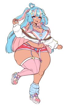 2021 ahoge asymmetrical_legwear belt blue_eyes blue_hair blue_panties blue_socks blunt_bangs bra breasts buckle cleavage clenched_hands clothing_cutout commentary criss-cross_halter dark-skinned_female dark_skin english_commentary eyebrows_hidden_by_hair full_body hair_ornament hair_over_shoulder hair_ribbon halterneck heart heart_ahoge heart_cutout heart_hair_ornament heart_necklace highres holding holding_poke_ball jacket jewelry jojobee large_breasts long_sleeves loose_socks love_ball micro_shorts midriff mina_(jojobee) multicolored_eyes necklace nintendo off_shoulder original panties pink_eyes pink_hair pink_panties pink_shoes pink_socks pink_trim platform_heels poke_ball pokemon purple_bra red_shorts ribbon shoes shorts socks standing standing_on_one_leg straight_hair tan tanline teeth twintails underwear upper_teeth_only whale_tail_(clothing) white_jacket white_trim